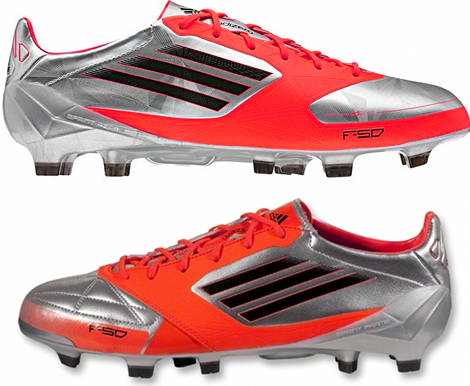 Leo Messi's adidas F50 adiZero - Metallic Silver / Infrared in leather and synthetic versions