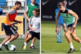 Gerard Pique tests the Nike Tiempo Legend V whilst Karim Benzema tests the 2014 adidas F50 adiZero 4